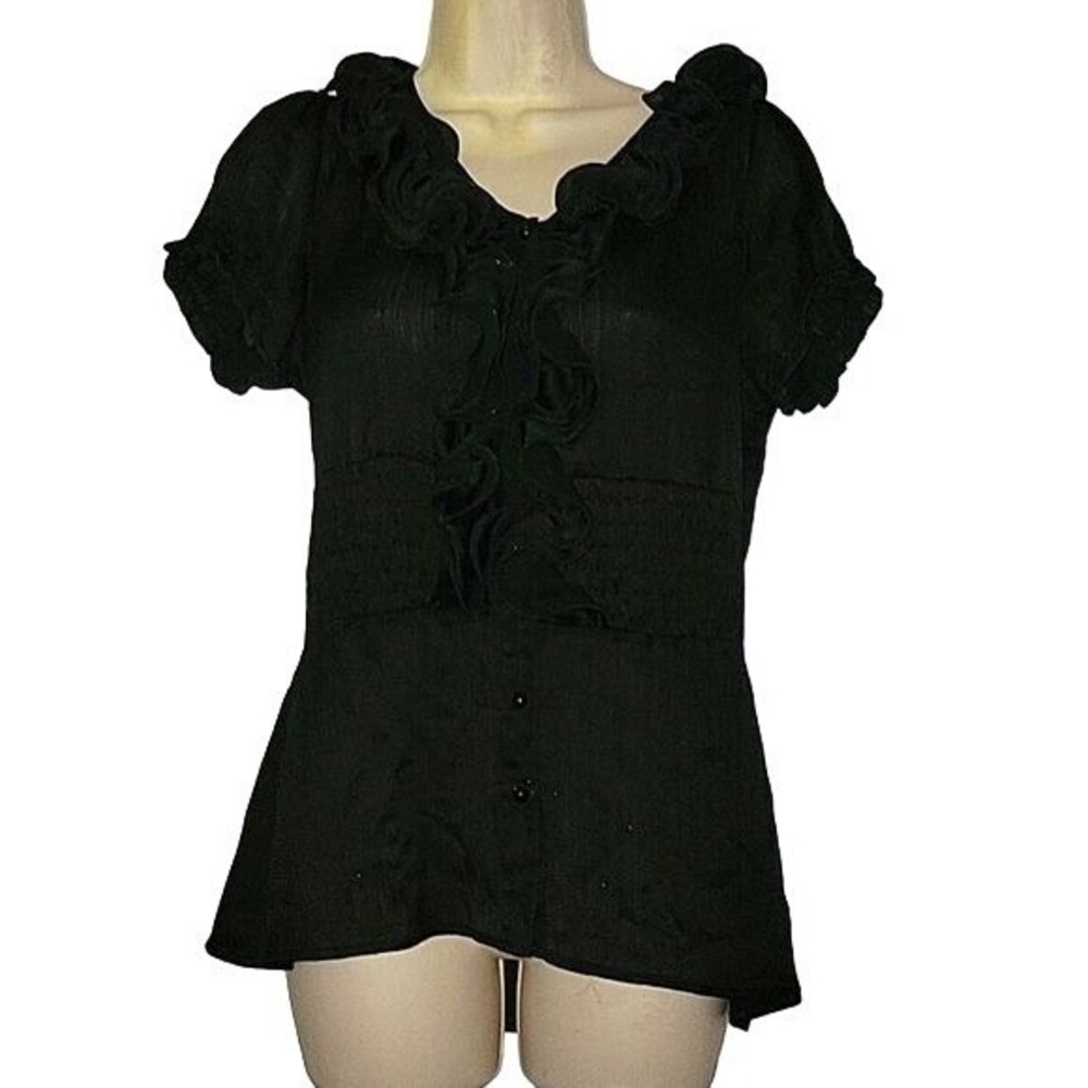 Maurices Black Ruffle V-Neck Smocked Waist Puff Sleeve Peplum Blouse Size S